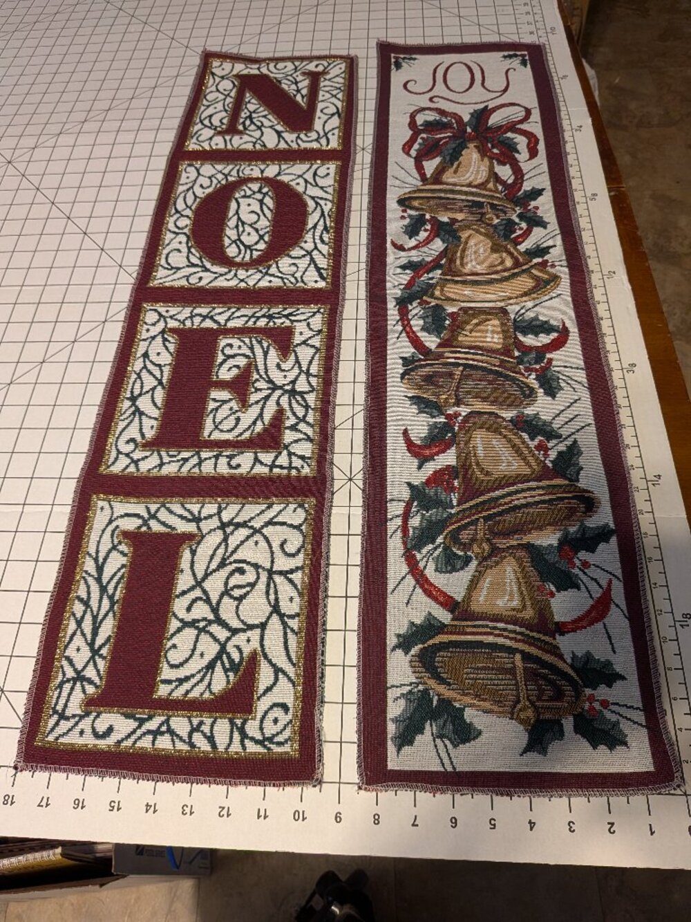 Vintage Christmas Tapestry Banner Panels Pair Noel Joy Metallic Burgundy 35 In